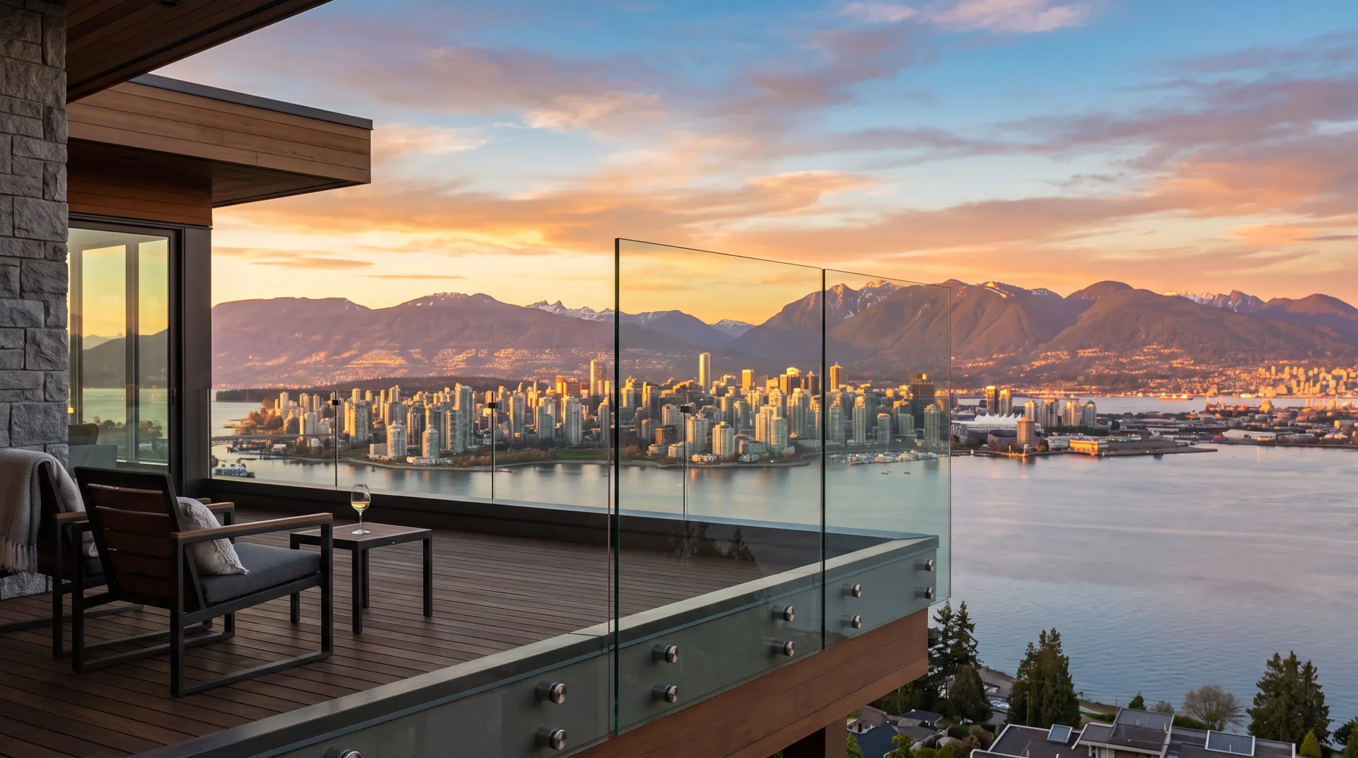 Frameless glass balcony railing overlooking Vancouver mountains and ocean at golden hour