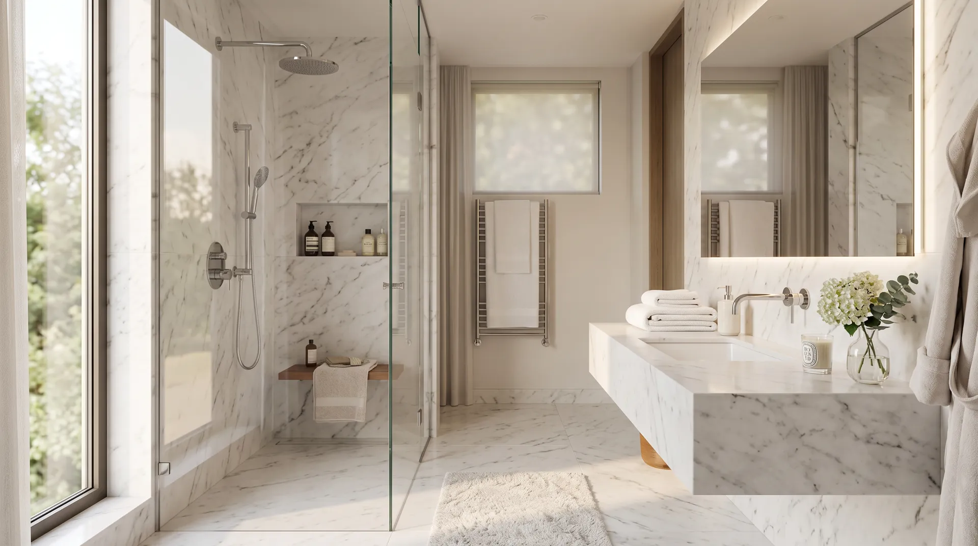 Luxury marble bathroom with a frameless glass shower enclosure