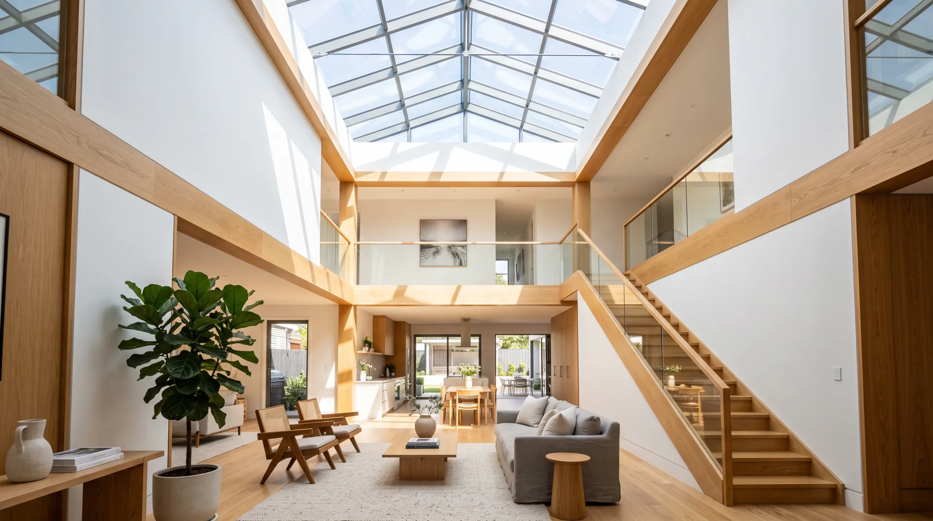 Bright home atrium with a large modern skylight
