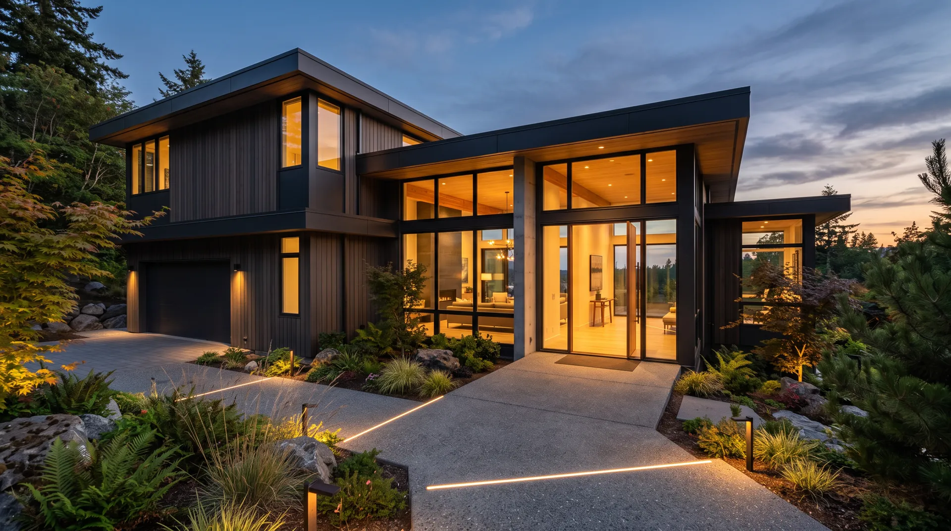 Modern home entrance with a frameless glass door and floor-to-ceiling glazing at dusk