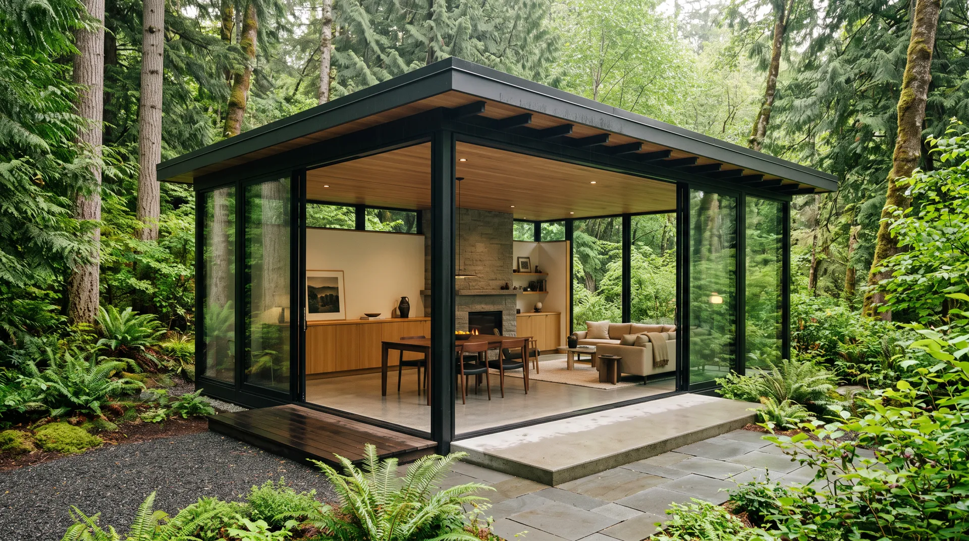 Contemporary glass pavilion with slim black frames surrounded by West Coast greenery