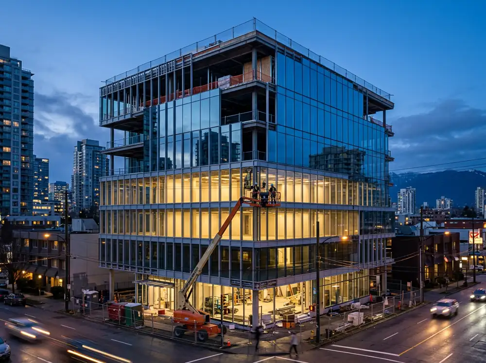 Mid-rise commercial building with a new window wall at dusk