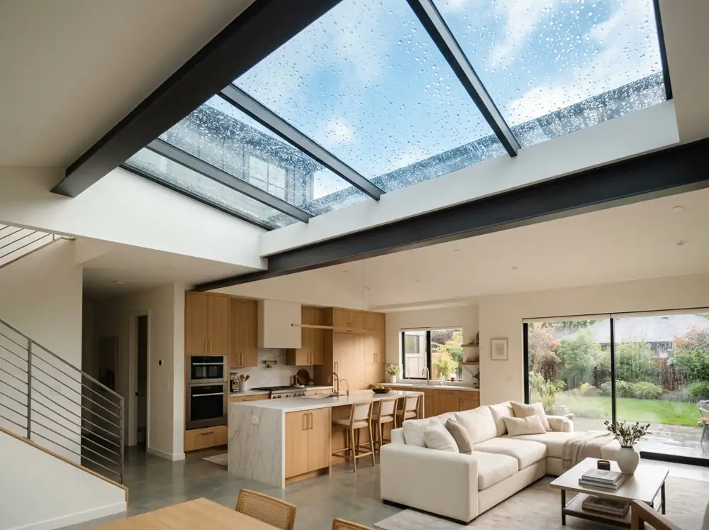 Flat-roof skylight above a bright open kitchen