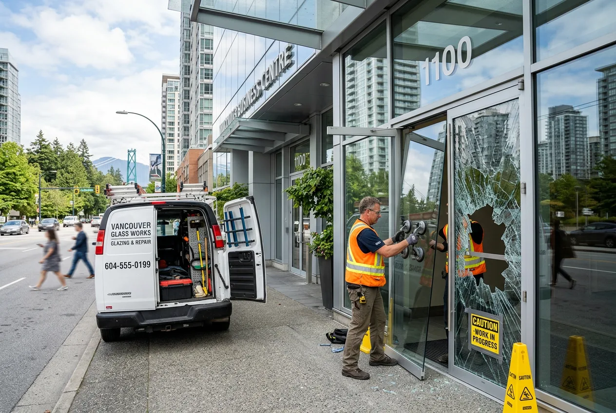 Glazier replacing a broken glass door panel at a commercial building entrance