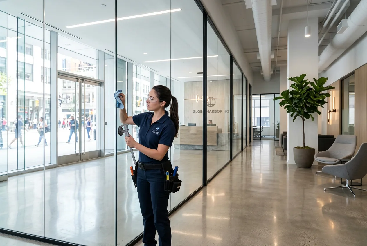 Commercial office lobby glass entrance and walls being serviced by a glazier