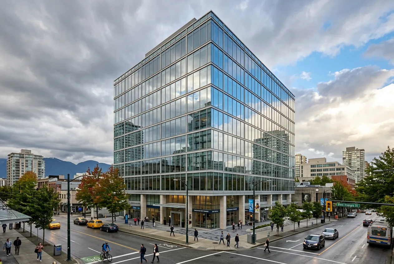 Glass curtain wall facade on a modern mid-rise office building in Vancouver
