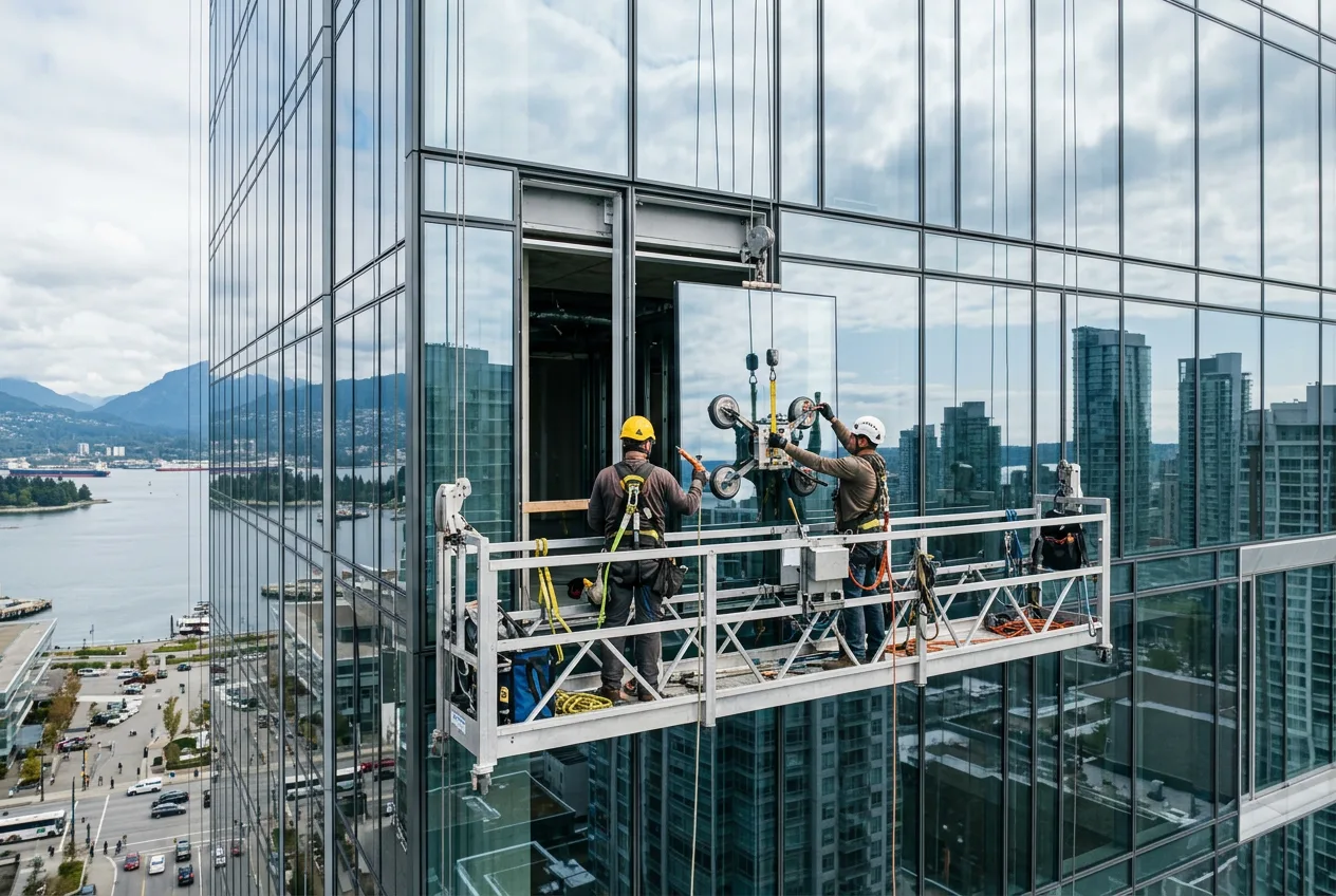 Glaziers on a swing stage replacing curtain wall glass panels on a commercial building