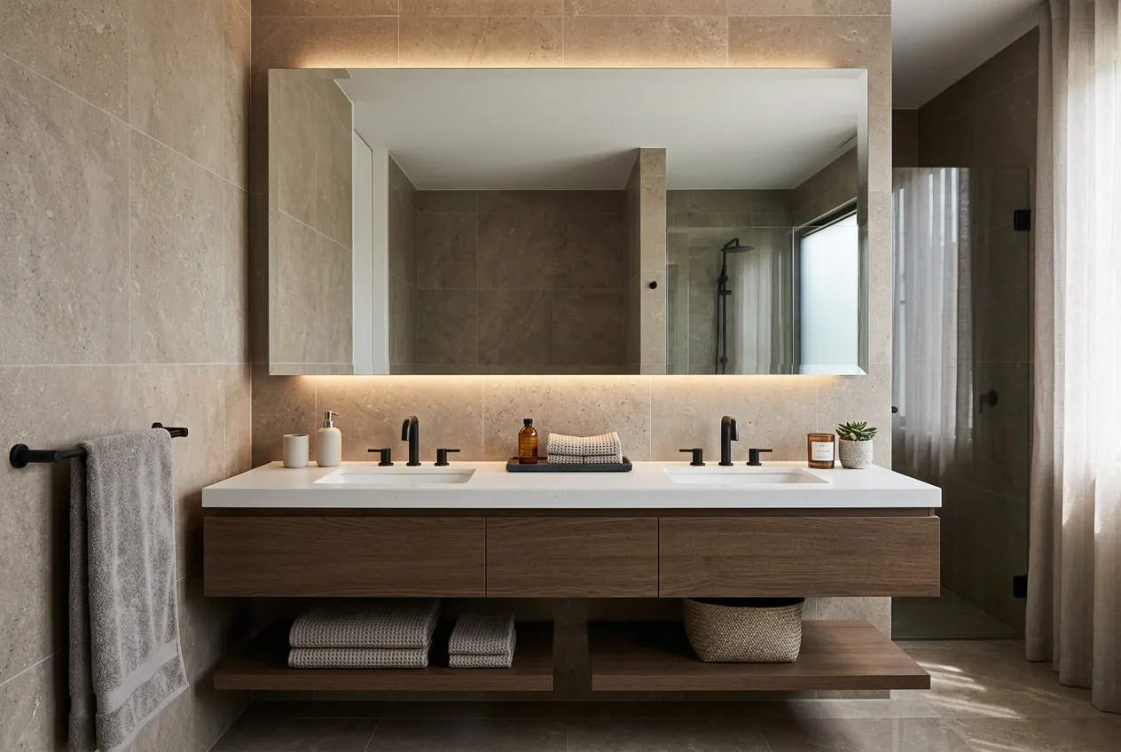 Custom frameless mirror above a floating double vanity