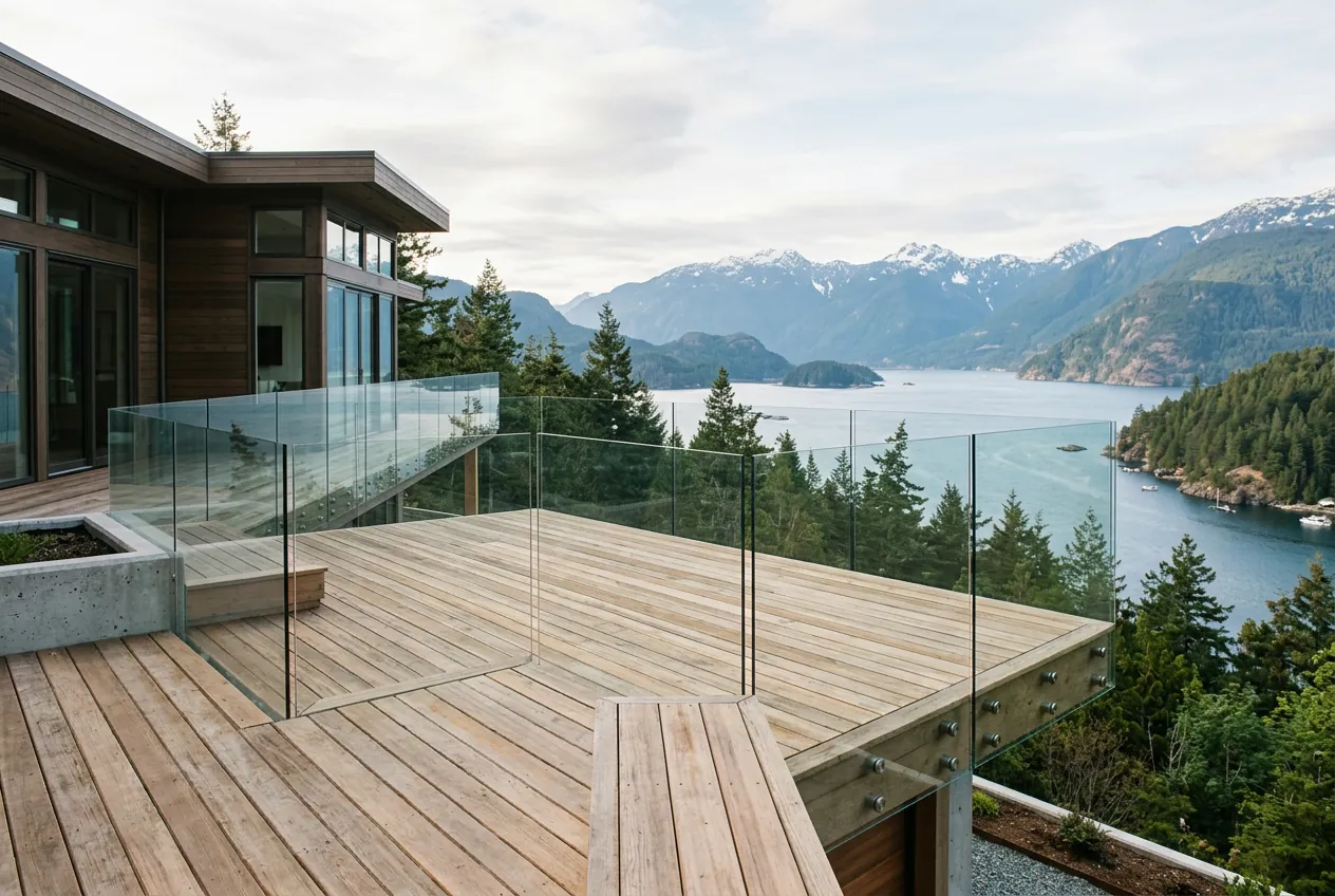 Frameless glass deck railing with ocean and mountain view near Vancouver