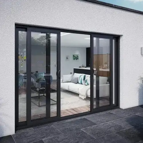 Black sliding glass patio doors in a modern bedroom